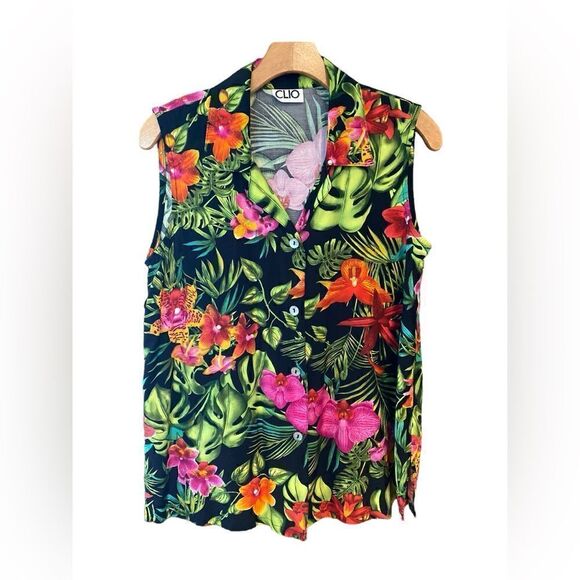 Clio Sz 10 Vintage Black Vibrant Orchid Tropical Button Top Pencil Skirt Set - Picture 2 of 11